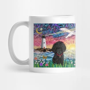 "Lighthouse with Seagull" Design with a Fluffy Black Toy Poodle Mug